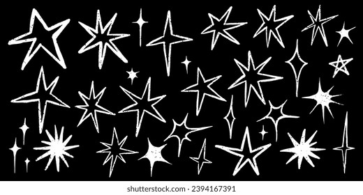 Set of stars. Collection of simple hand drawn stars. Drawn on chalkboard stars. Grunge white stars isolated on black background