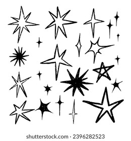Conjunto de estrellas. Colección de simples estrellas dibujadas a mano. Dibujado con pincel. Estrellas gruesas aisladas sobre fondo blanco