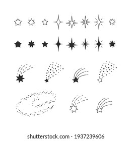 Estrellas, cometas, galaxia. Ilustración abstracta de astronomía en blanco y negro vectorial.