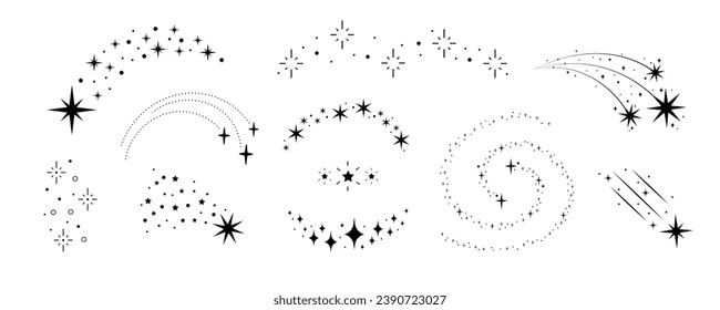 Set stars and comets isolated on a transparent background. Vector illustration in monochrome style. For cards, logo, decorations, invitations, boho designs.