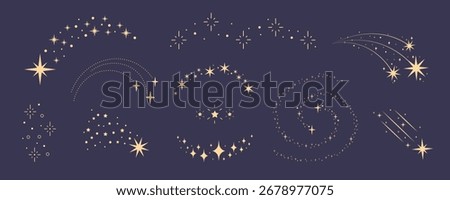 Set stars and comets isolated on a blue background. Vector illustration in monochrome style. For cards, logo, decorations, invitations, boho designs.