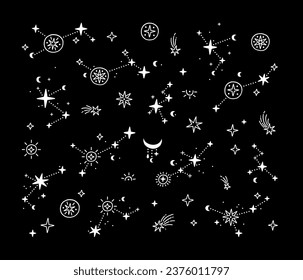 Set of stars, constellations, and comets line art, white elements radiating against a black background, ideal for cosmic and celestial themes.