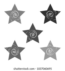 A set of stars with a curling element. Gray multi-colored light and dark shapes with a pattern. Vector image. The figures are arranged on a white background.