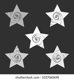 A set of stars with a curling element. Gray multi-colored light and dark shapes with a pattern. Vector image. The figures are located on a dark gray background.