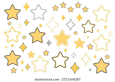 Un conjunto de estrellas de diferentes Formas y tamaños, estrellas clásicas de cinco puntas, brillo, contorno y estrellas rellenas, aisladas sobre un fondo blanco