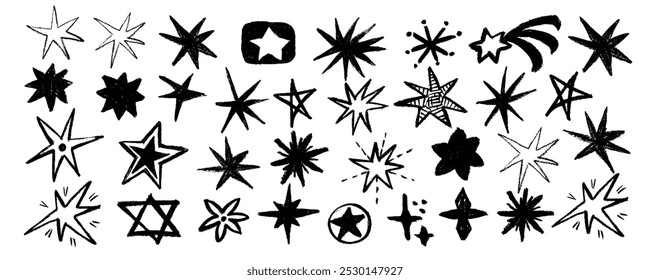 Set stars  doodle style drawn by hand charcoal. Grunge scrawls, charcoal scribbles, rough brush strokes. Bold charcoal freehand stars. Crayon   scribbles and graffiti elements