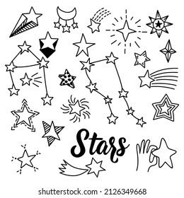 Set of stars. Doodle vector illustration. Isolated on a white background.