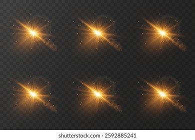 Set of stars and effects, flash of light and lenses. On a transparent background.
