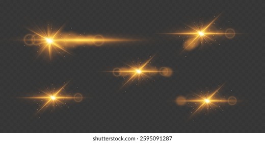 Set of stars and effects, flash of light and lenses. On a transparent background.