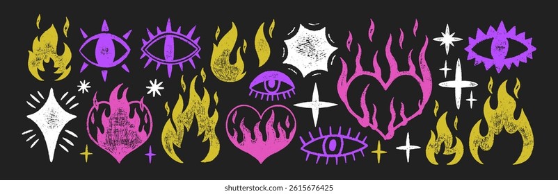 Set of stars, fire flames, eyes and hearts with crayon, pastel or chalk texture. Doodle elements with organic texture for collage or kids design. Color vector illustration on a blackboard.