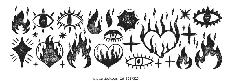 Set of stars, fire flames, eyes and hearts with crayon, pastel or chalk texture. Doodle sparkles with organic texture for collage or kids design. Black vector illustration on a white background.
