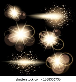 Set of stars flare or shine, golden glow and golden sand bokeh effect.Vector. EPS 10