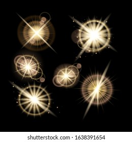 Set of stars flare or shine, golden glow bokeh effect. Vector. EPS 10