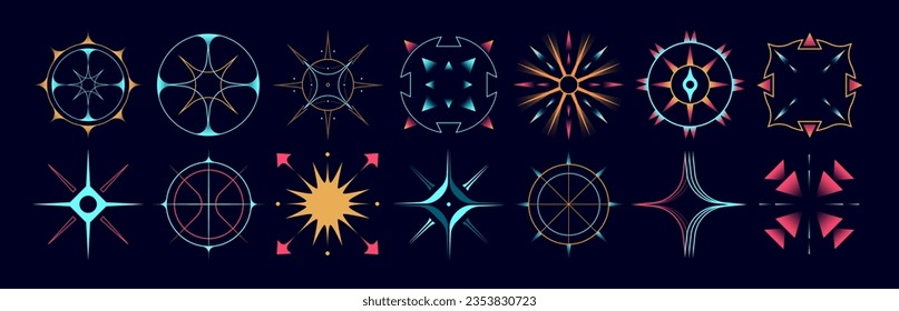Set of stars and flares. Astrological decorative vintage vector elements in art deco style. HUD Ui forms. Linear Victorian magic objects.