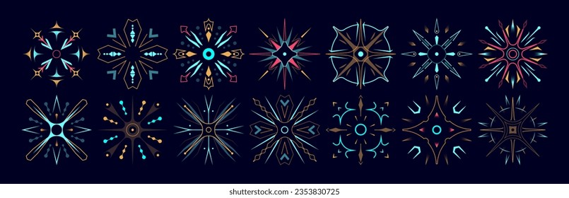 Set of stars and flares. Astrological decorative vintage vector elements in art deco style. HUD Ui forms. Linear Victorian magic objects.
