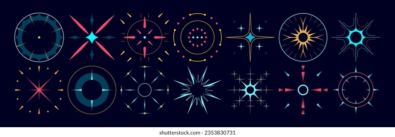 Set of stars and flares. Astrological decorative vintage vector elements in art deco style. HUD Ui forms. Linear Victorian magic objects.