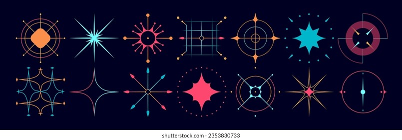 Set of stars and flares. Astrological decorative vintage vector elements in art deco style. HUD Ui forms. Linear Victorian magic objects.