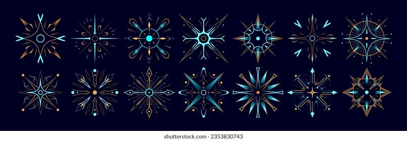 Set of stars and flares. Astrological decorative vintage vector elements in art deco style. HUD Ui forms. Linear Victorian magic objects.