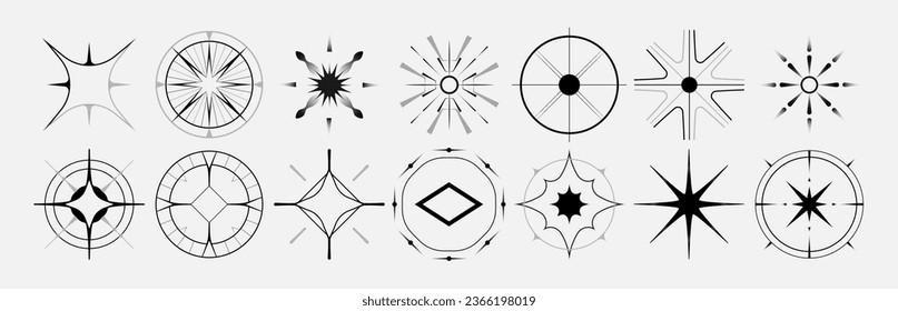 Set of stars and flares. Astrological decorative vintage vector elements in art deco style. HUD Ui forms. Linear Victorian magic objects.	