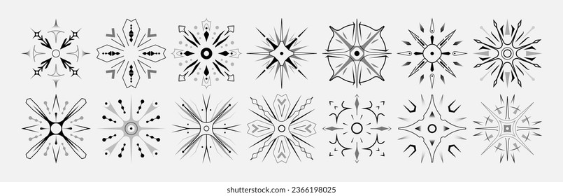 Set of stars and flares. Astrological decorative vintage vector elements in art deco style. HUD Ui forms. Linear Victorian magic objects.	