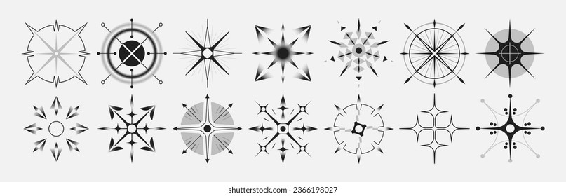 Set of stars and flares. Astrological decorative vintage vector elements in art deco style. HUD Ui forms. Linear Victorian magic objects.	