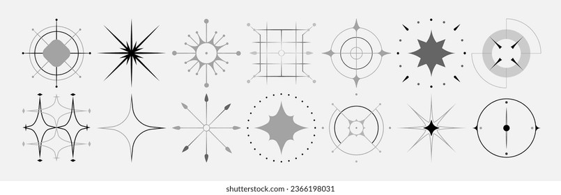 Set of stars and flares. Astrological decorative vintage vector elements in art deco style. HUD Ui forms. Linear Victorian magic objects.	