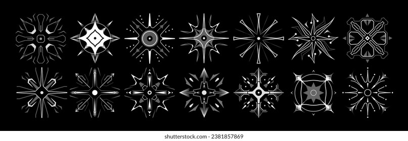Set of stars and flares. Astrological decorative vintage vector elements in art deco style. HUD Ui forms. Linear Victorian magic objects.	
