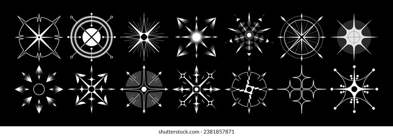 Set of stars and flares. Astrological decorative vintage vector elements in art deco style. HUD Ui forms. Linear Victorian magic objects.	
