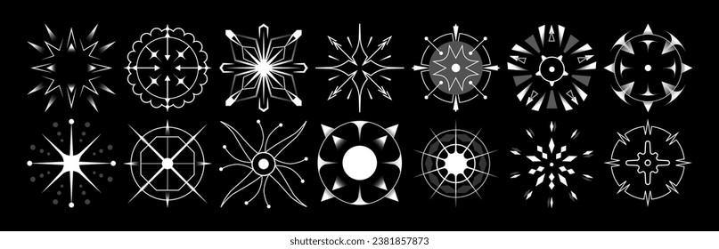 Set of stars and flares. Astrological decorative vintage vector elements in art deco style. HUD Ui forms. Linear Victorian magic objects.	
