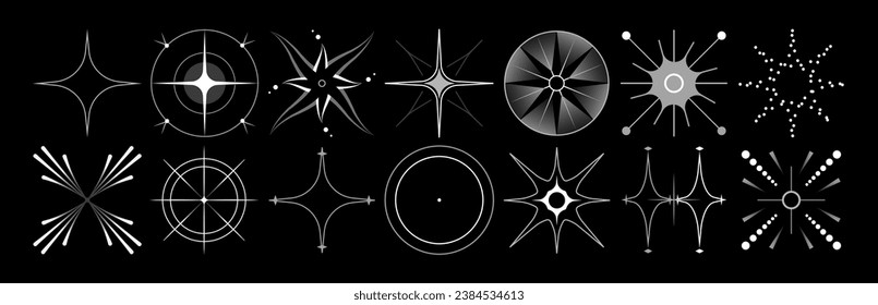 Conjunto de estrellas y bengalas. Elementos vectores vintage decorativos astrológicos de estilo art deco. Formas HUD Ui. Objetos de magia lineal victoriana.	
