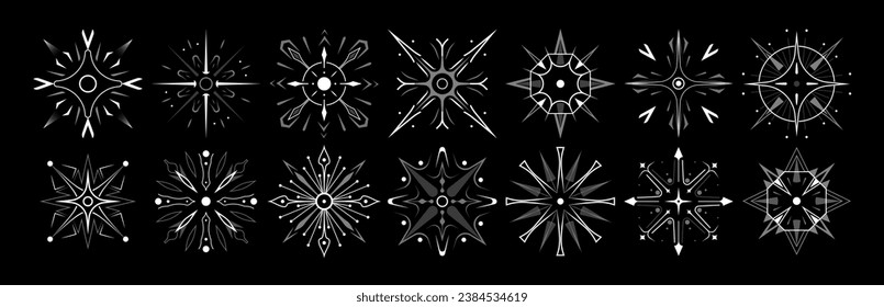 Set of stars and flares. Astrological decorative vintage vector elements in art deco style. HUD Ui forms. Linear Victorian magic objects.	
