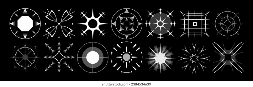 Set of stars and flares. Astrological decorative vintage vector elements in art deco style. HUD Ui forms. Linear Victorian magic objects.	
