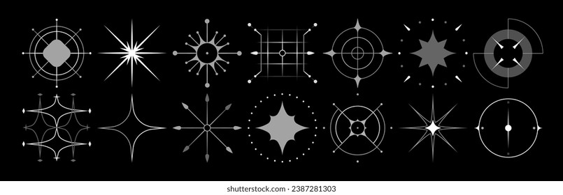 Set of stars and flares. Astrological decorative vintage vector elements in art deco style. HUD Ui forms. Linear Victorian magic objects.	
