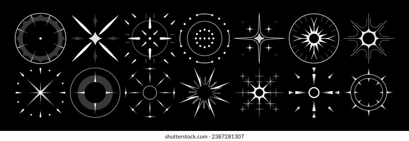 Set of stars and flares. Astrological decorative vintage vector elements in art deco style. HUD Ui forms. Linear Victorian magic objects.	
