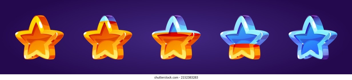 Set of stars, game score elements from full to empty row. Ui or gui rate yellow golden glossy assets for app user interface and display, winner achievement, bonus Cartoon vector illustration, icons