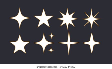 Set of stars. Glowing lights and sparks. Space, cosmos and universe. Astrology and astronomy. Pack of glossy figures and patterns. Flat vector collection isolated on black background