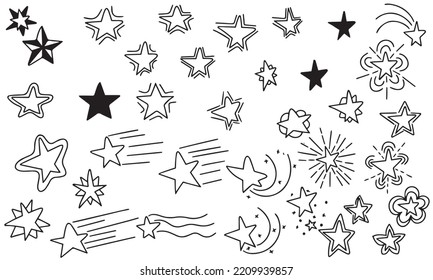 Set of stars. Hand draw dodle space elements. Outline. Vector illustration.