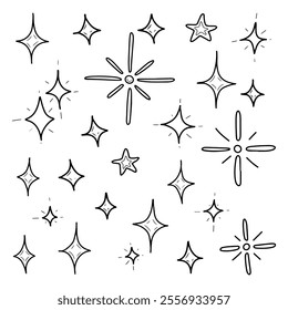 Set of stars hand drawn doodle. Celestial body. Planet, galaxy. Night sky. Shining, brilliant. Astronomical object. Astrology, constellation. Vector line art illustration.