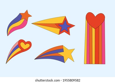 set of stars and hearts from comics.Hippie collection of star shapes.Shooting star.Funky and groovy vintage elements.Astrological star. Hand drawn isolated multicolored.psychedelic and modern magic