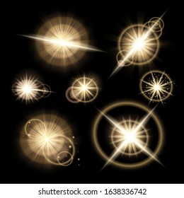 A set of stars and highlights of gold color, like a shine. Gold dust, bokeh. Vector illustration. EPS 10