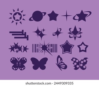 Set of stars icons. Gasoline icons. Design. A set of Y2K icons. Y2K icons. Stars of different sizes.