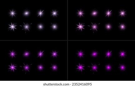 A set of stars. A large pack of various stars. Glare effect. Glare of the camera, the sun. For video and photo editing. Space, sunbeam. Effect. Starry sky.