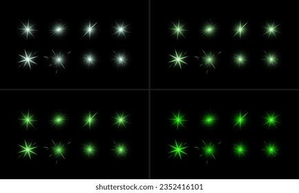 A set of stars. A large pack of various stars. Glare effect. Glare of the camera, the sun. For video and photo editing. Space, sunbeam. Effect. Starry sky.