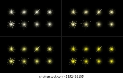 A set of stars. A large pack of various stars. Glare effect. Glare of the camera, the sun. For video and photo editing. Space, sunbeam. Effect. Starry sky.
