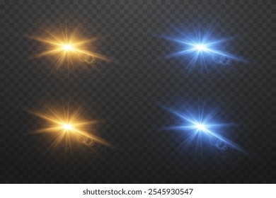 Set of stars, light effect with sparkles of light. On a transparent background.