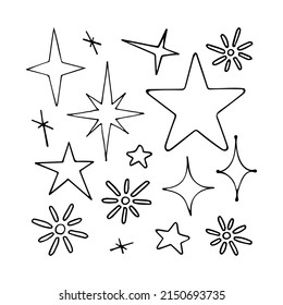 Set of stars line art. Cosmic light bodies. Shining star. Heaven constellation. Hand drawn vector doodle illustration. Black and white sketch. Simple outline element.