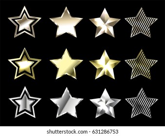 Set of stars made of platinum, white gold and yellow gold on black background.