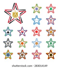 Set of stars made of ribbons with Egypt, India, Lebanon, Canada, Slovakia, Polynesia, Norfolk, Croatia, Barbados, Honduras, Ethiopia, Argentina, Andorra, Germany and Lesoto flag colors and symbols.