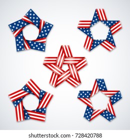 Set of stars made of ribbons with USA flag stars and stripes. Symbol design for american national holidays. Vector illustration 