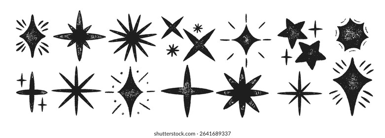Set of stars and magic sparks with crayon, pastel or chalk texture. Doodle sparkles with organic texture for collage or kids design. Black vector illustration on a white background.